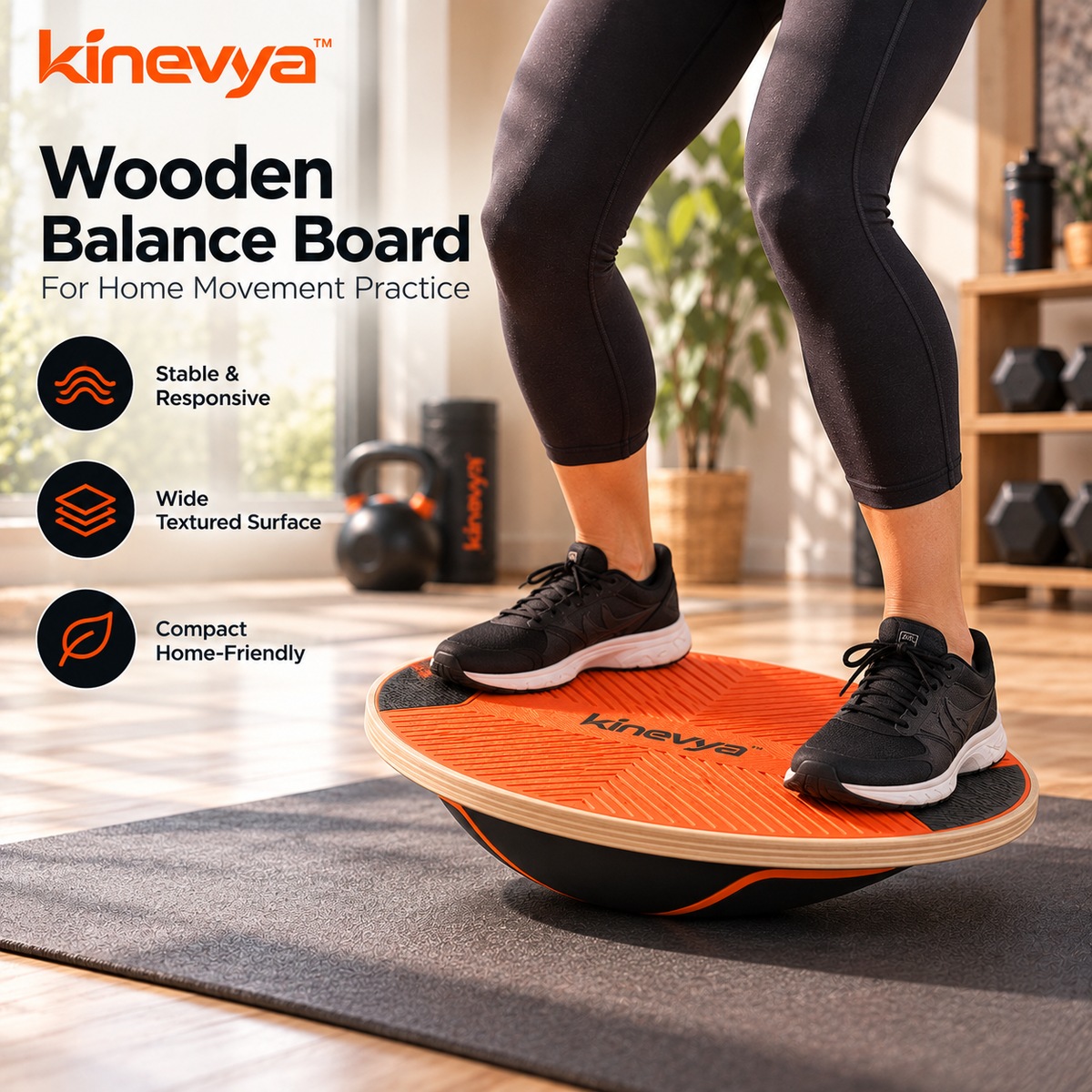 Kinevya™ Wooden Balance Board with Wide Textured Standing Surface for Home Movement Practice