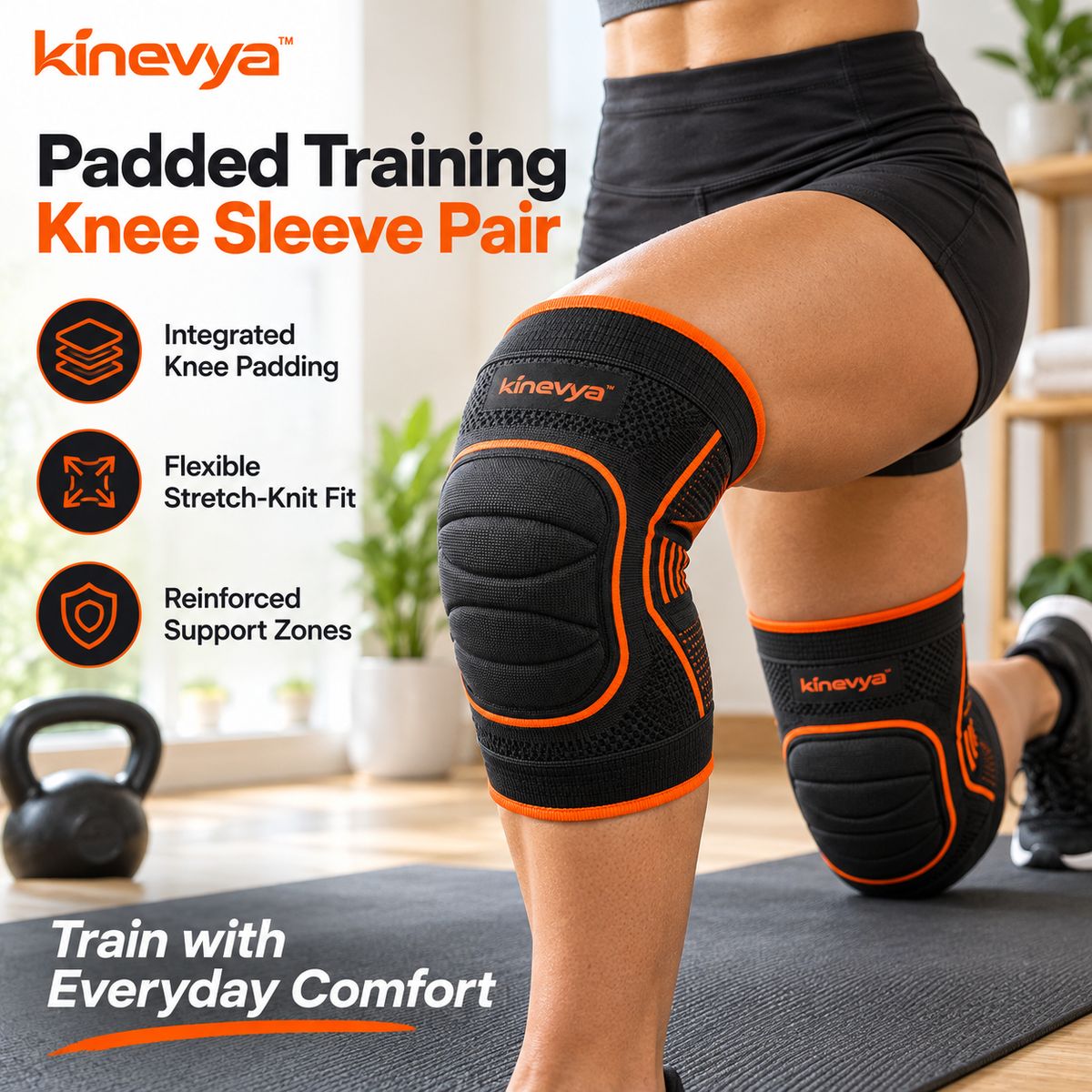 Kinevya™ Padded Training Knee Sleeve Pair with Reinforced Knit Support Zones