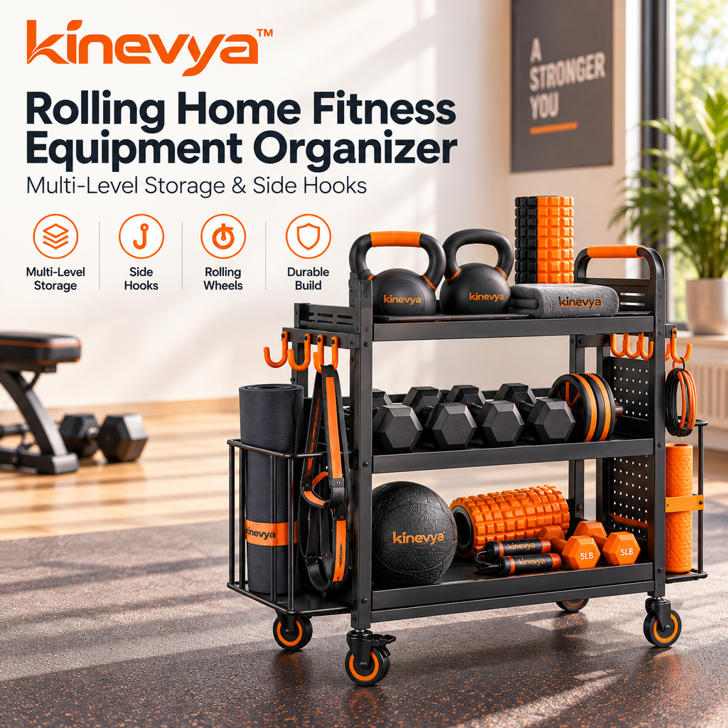 Kinevya™ Rolling Home Fitness Equipment Organizer with Multi-Level Storage & Side Hooks