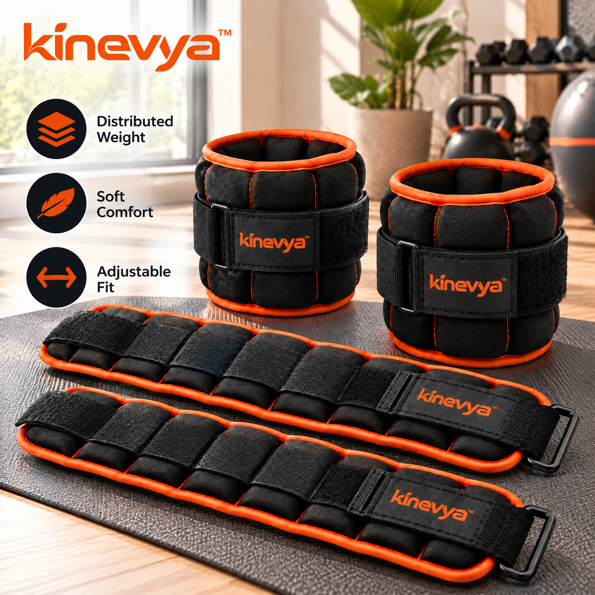 Kinevya™ Adjustable Soft Wrist & Ankle Weight Set with Distributed Internal Weight Sections