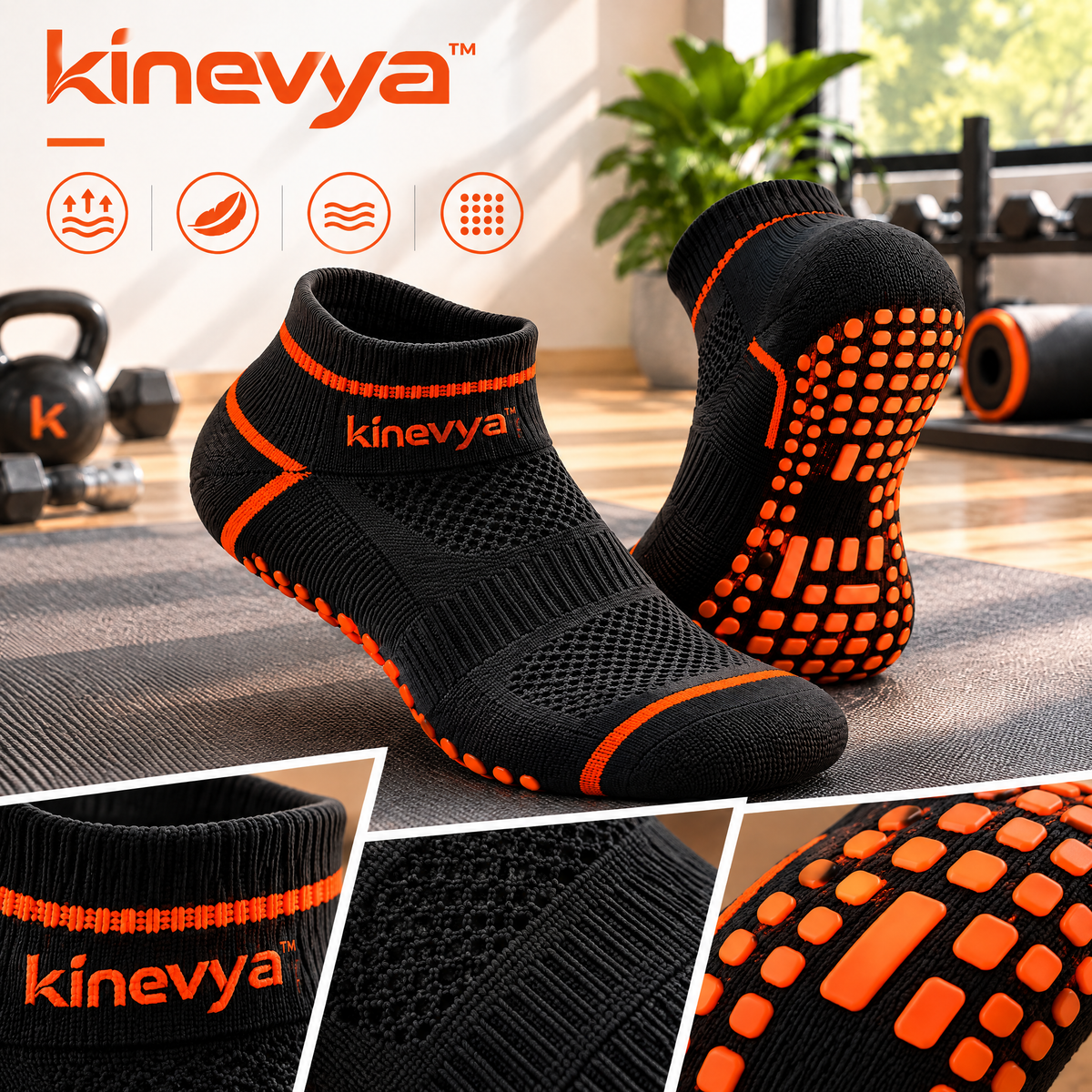 Kinevya™ Multi-Pair Grip Training Socks with Cushioned Sole & Stretch Knit Cuff