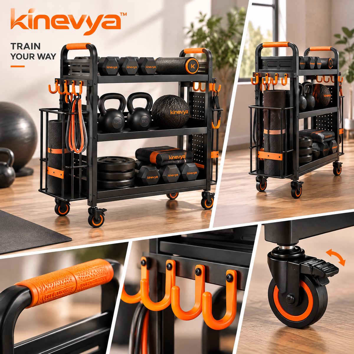 Kinevya™ Rolling Home Fitness Equipment Organizer with Multi-Level Storage & Side Hooks