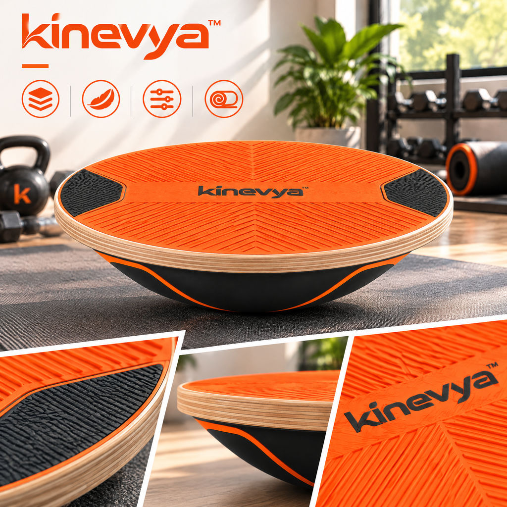 Kinevya™ Wooden Balance Board with Wide Textured Standing Surface for Home Movement Practice