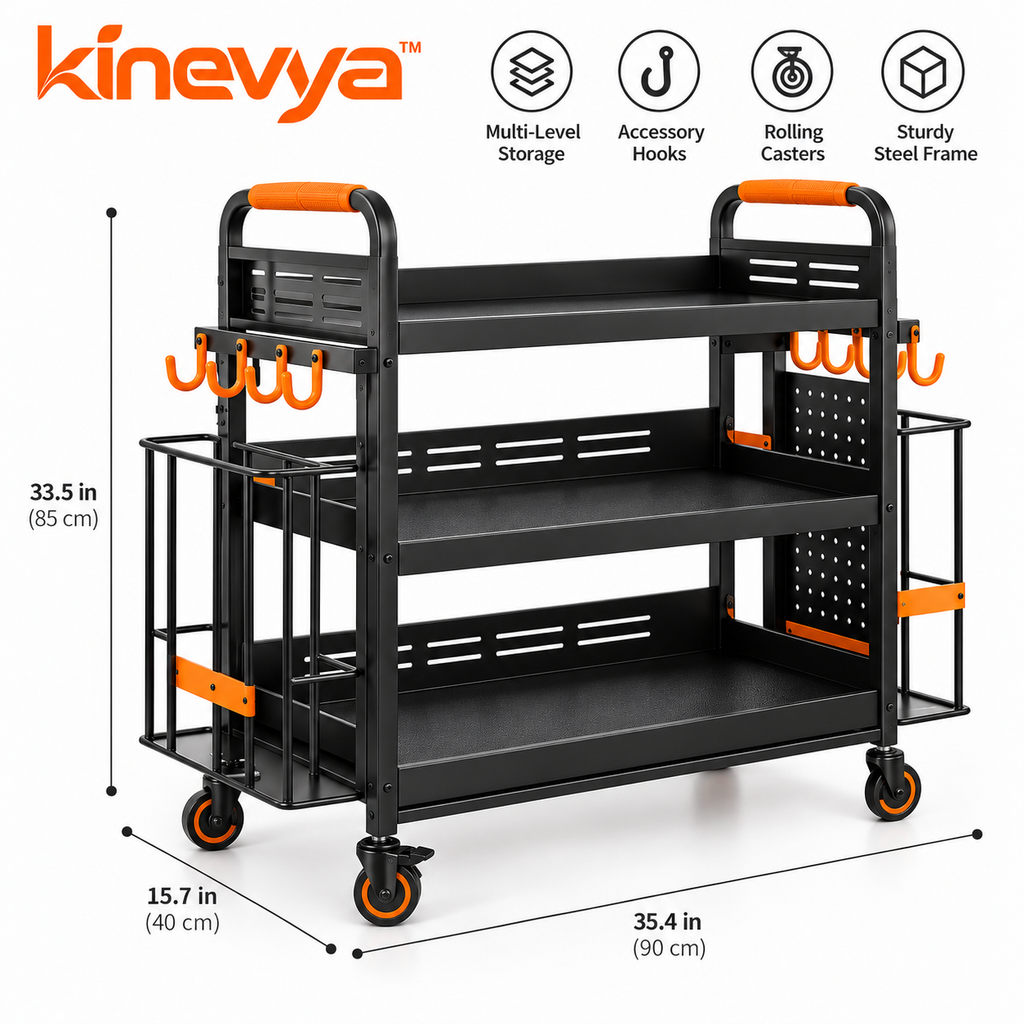 Kinevya™ Rolling Home Fitness Equipment Organizer with Multi-Level Storage & Side Hooks