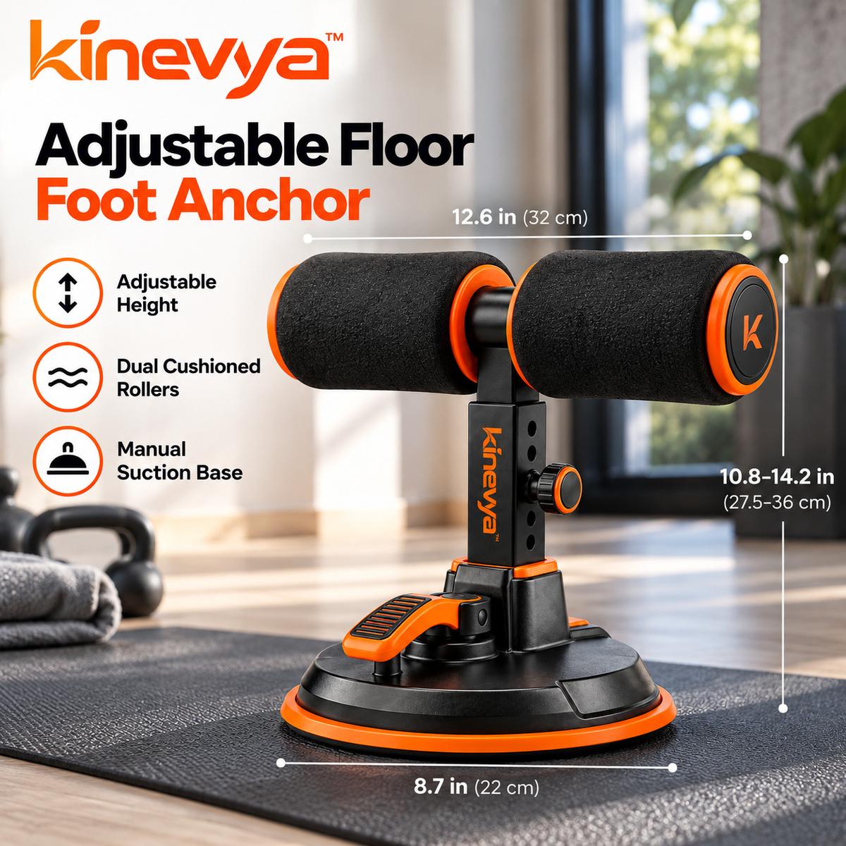 Kinevya™ Adjustable Floor Exercise Foot Anchor with Cushioned Dual Roller Support