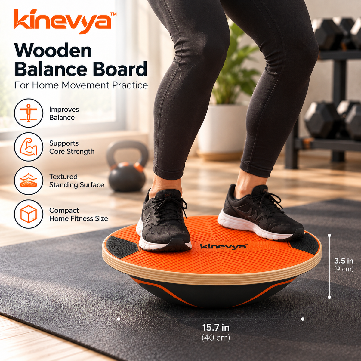 Kinevya™ Wooden Balance Board with Wide Textured Standing Surface for Home Movement Practice