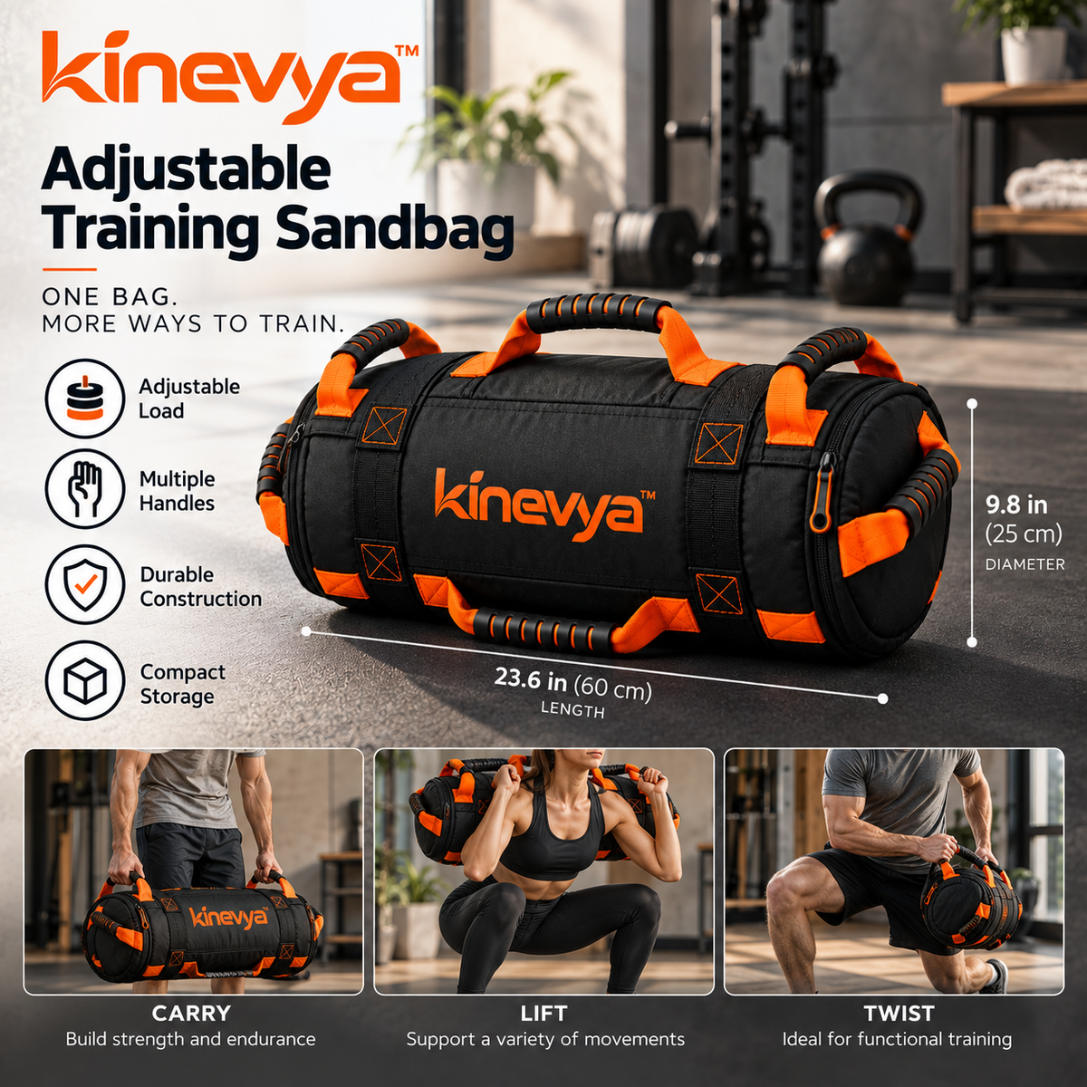 Kinevya™ Adjustable Training Sandbag with Reinforced Handles & Internal Load Compartments