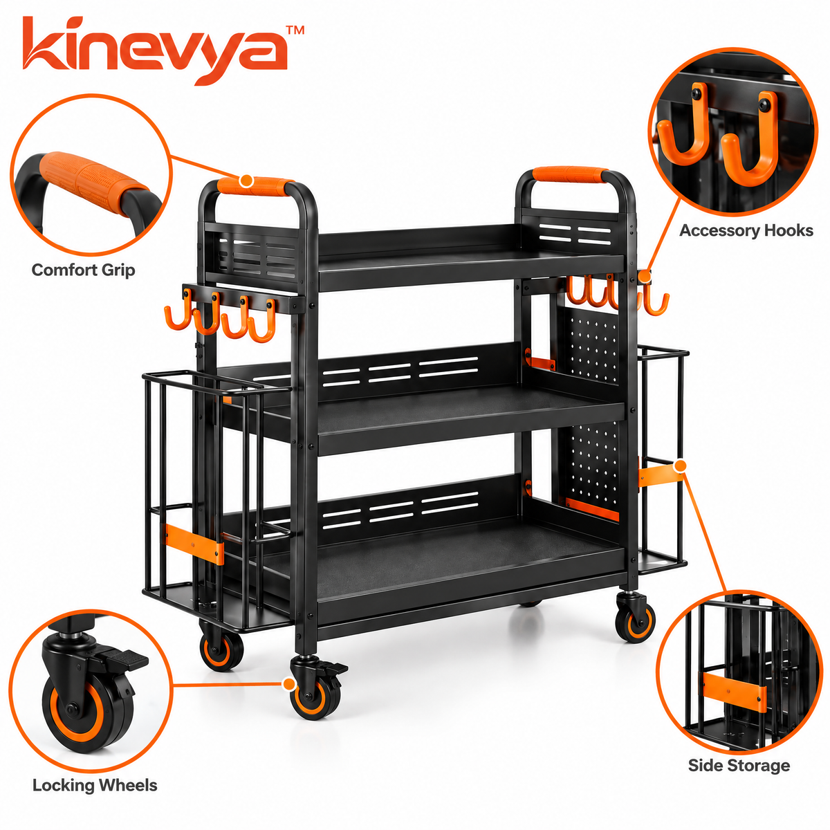 Kinevya™ Rolling Home Fitness Equipment Organizer with Multi-Level Storage & Side Hooks