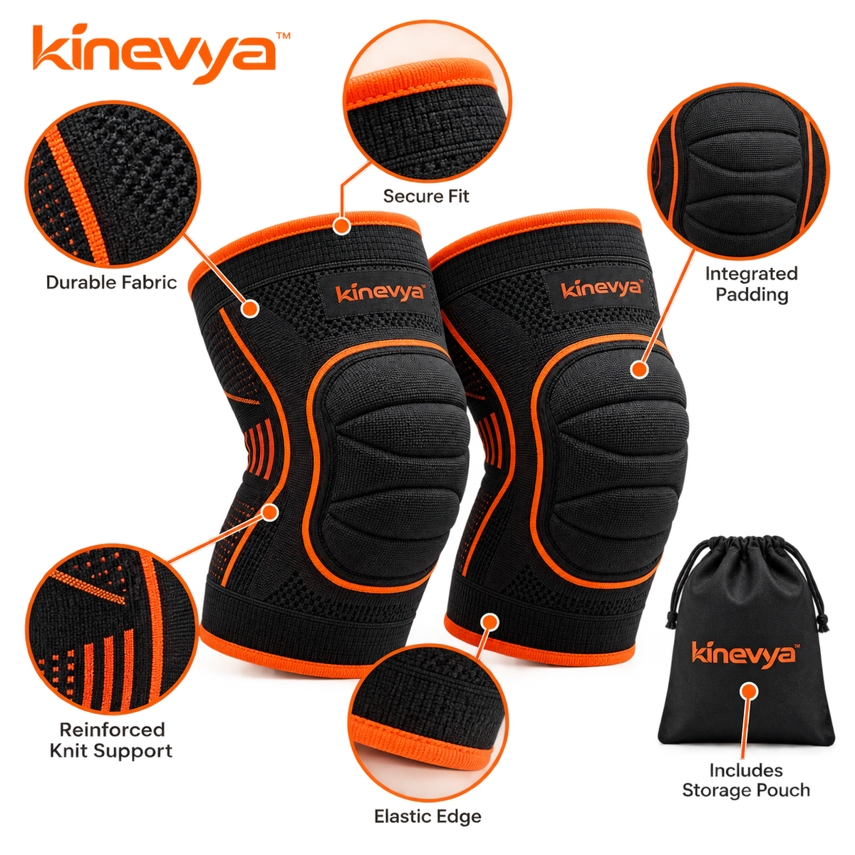 Kinevya™ Padded Training Knee Sleeve Pair with Reinforced Knit Support Zones