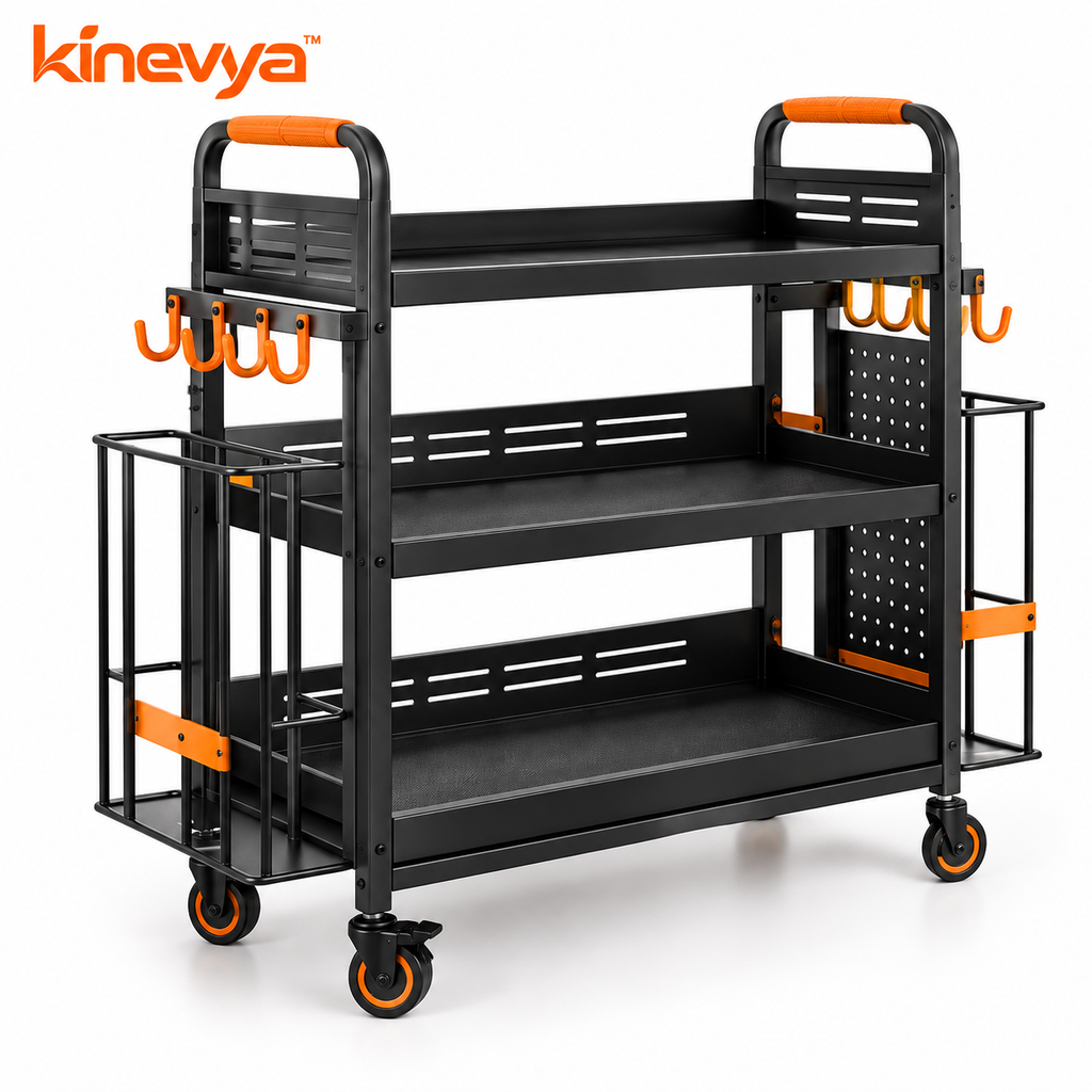 Kinevya™ Rolling Home Fitness Equipment Organizer with Multi-Level Storage & Side Hooks